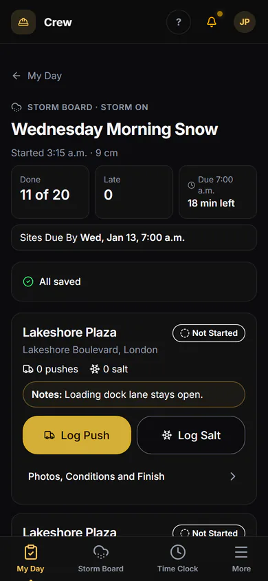 On the crew's phone: the storm board, a push logged with no signal and saved on the phone, then synced when the signal comes back. Step 2.