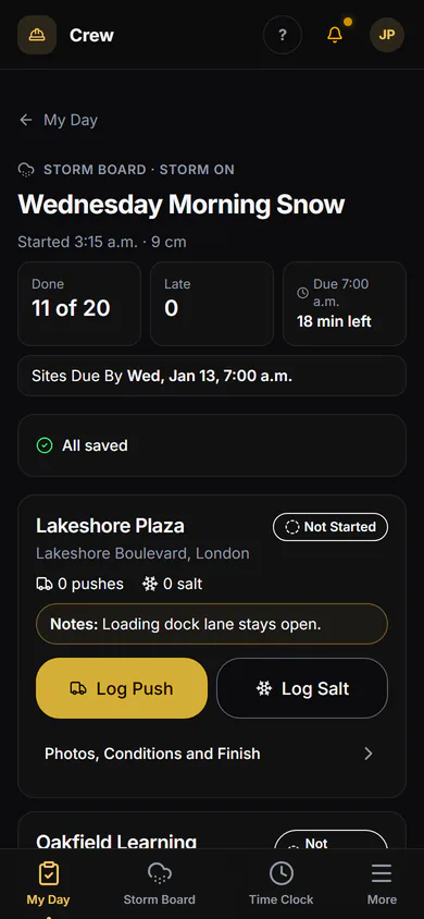 On the crew's phone: the storm board, a push logged with no signal and saved on the phone, then synced when the signal comes back. Step 4.