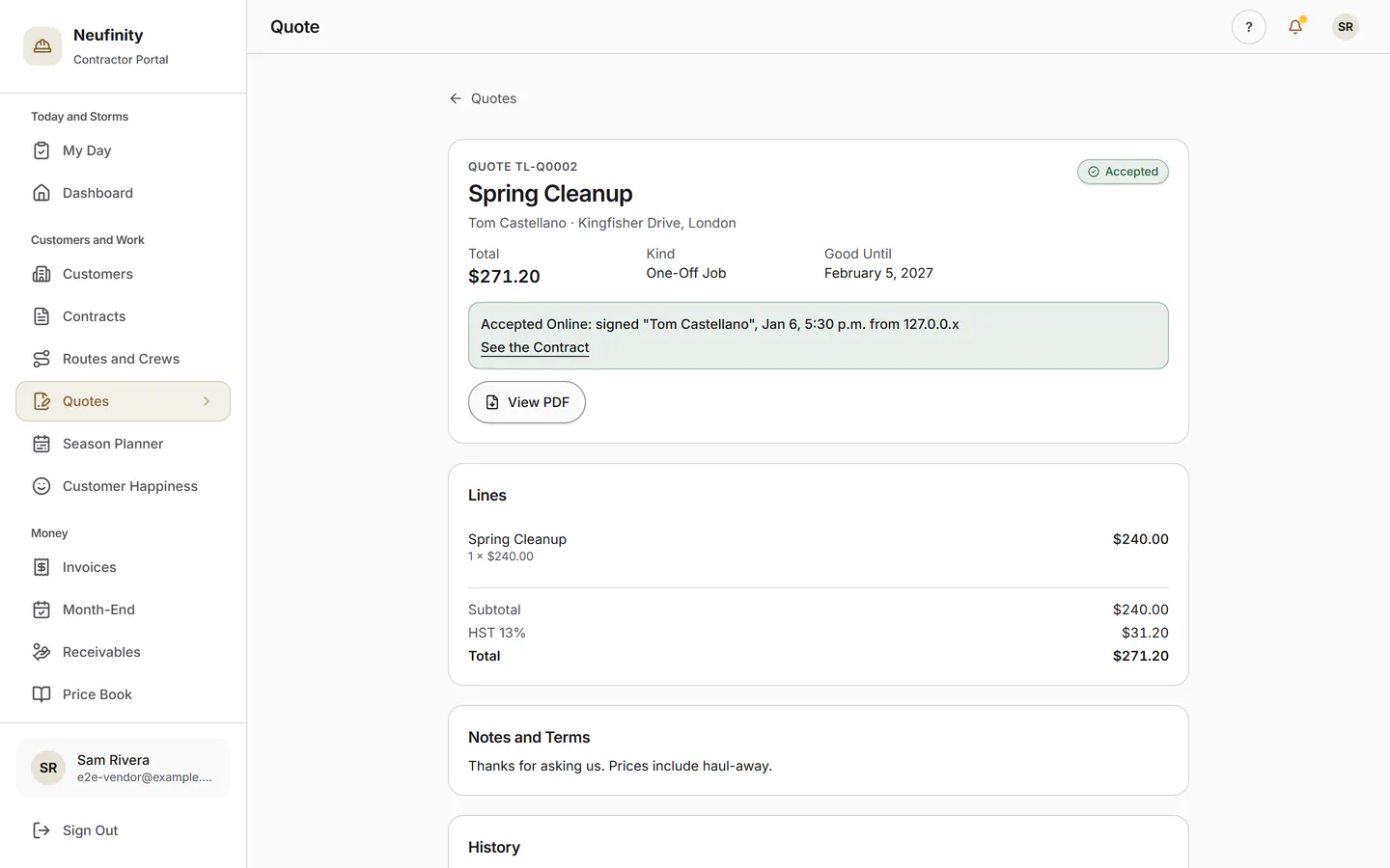 In the office: a quote the customer accepted online, its visits scheduled, the invoice issued and its PDF. Step 1.