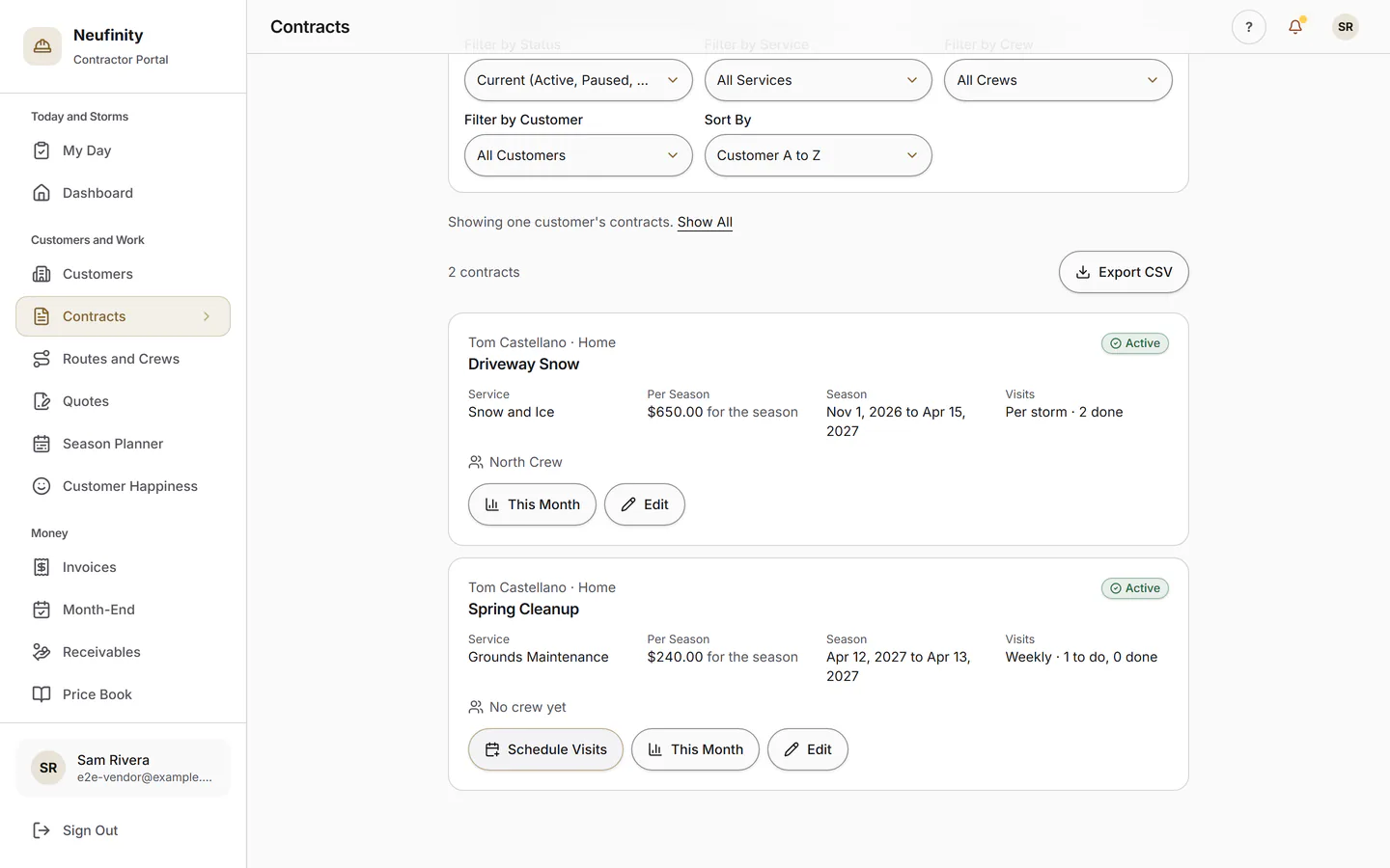 In the office: a quote the customer accepted online, its visits scheduled, the invoice issued and its PDF. Step 2.