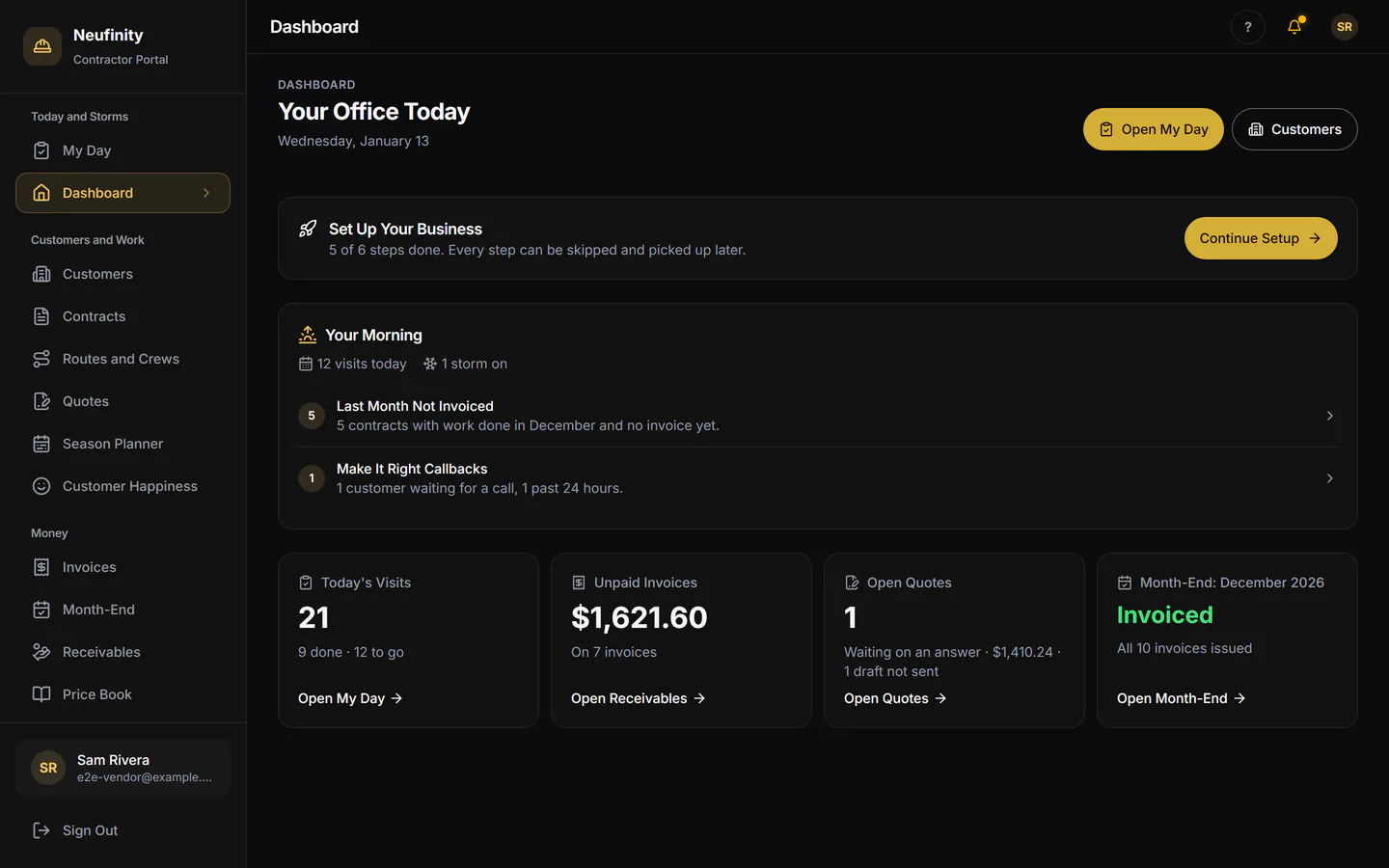 The contractor's dashboard on a storm morning: today's visits, the open storm's progress and money due.