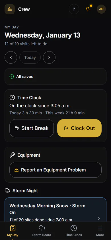 A crew member's My Day on a phone: the open storm and today's stops in route order.