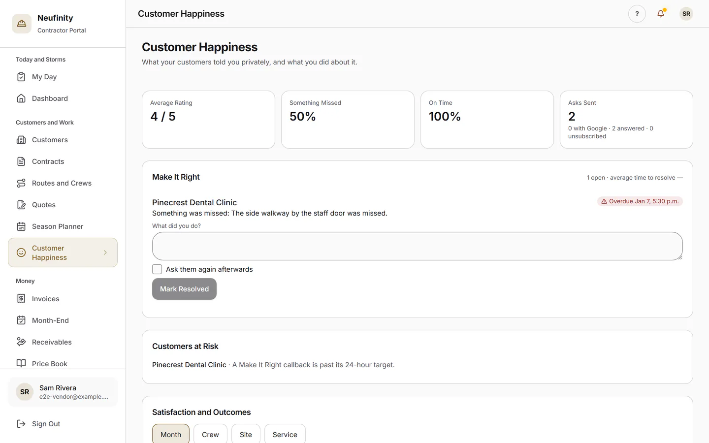Customer Happiness: feedback replies and a Make It Right task for a missed walkway.